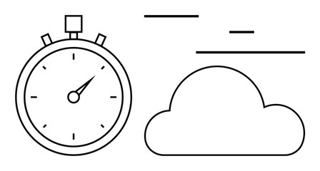 Stopwatch next to a cloud with dynamic lines suggesting speed, punctuality, and cloud computing. Ideal for time management, productivity, automation, efficiency, technology, data simple landing page