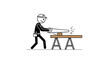 © GG - A stick figure construction worker in a hard hat uses a hand saw to cut a piece of wood on a sawhorse.