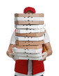 © New Africa - Deliveryman holding many pizza boxes against white background
