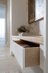 Wall Mural - Modern minimalist interior with wooden furniture and open drawer for elegant home decor