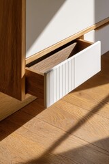 Wall Mural - Modern kitchen design with wooden drawer and minimalistic white detailing in sunlight