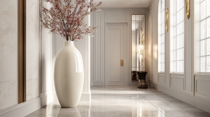 Wall Mural - Elegant modern interior with large white vase and cherry blossoms in a sunlit hallway