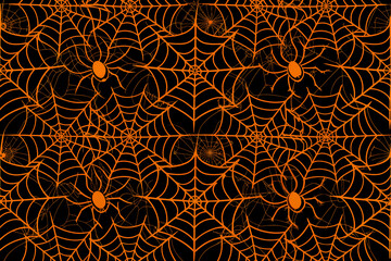 Halloween spider web seamless pattern with black and orange. Vector Repeating background.