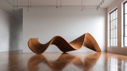 Wall Mural - Modern art installation in minimalist gallery space with wooden wave sculpture