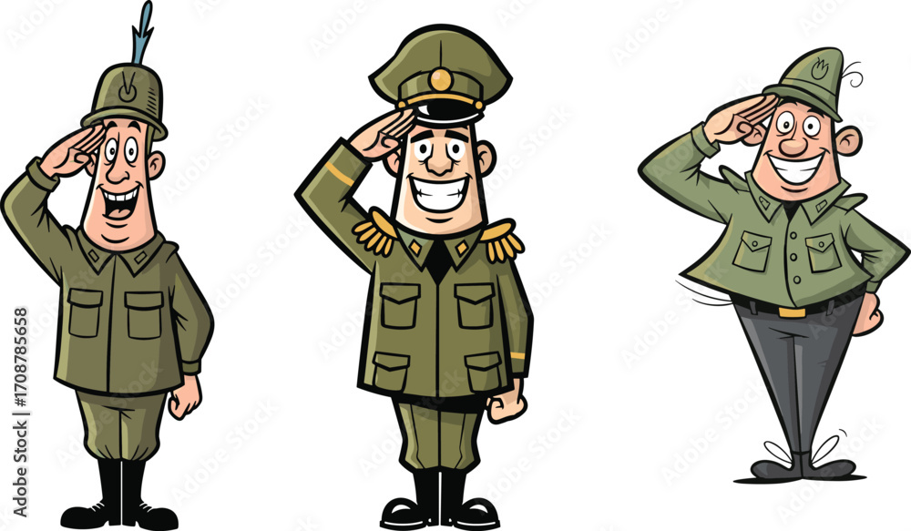 Cartoon officers saluting, military character illustration, funny ...