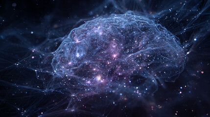 Wall Mural - 3d rendering of the brain in space with glowing connections and stars, dark blue-purple background, 