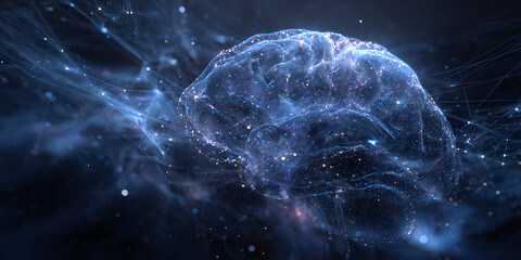 Wall Mural - ethereal brain made of glowing purple and blue lines, connected to many white dots representing the 