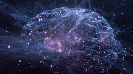 Wall Mural - ethereal brain made of glowing purple and blue lines, connected to many white dots representing the 