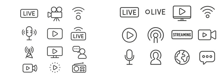 Streaming and live broadcasting icons in a simple line design for digital media use