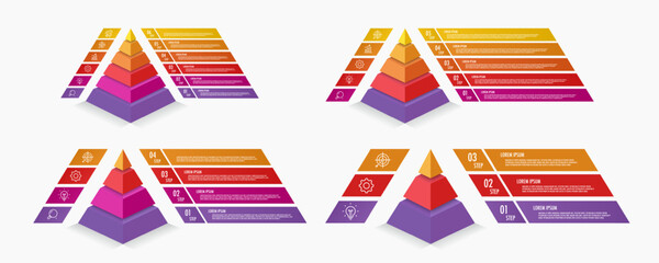 Pyramid infographic template set modern 3d style for presentation, start up project, business strategy, theory basic operation, logic analysis vector 10 eps