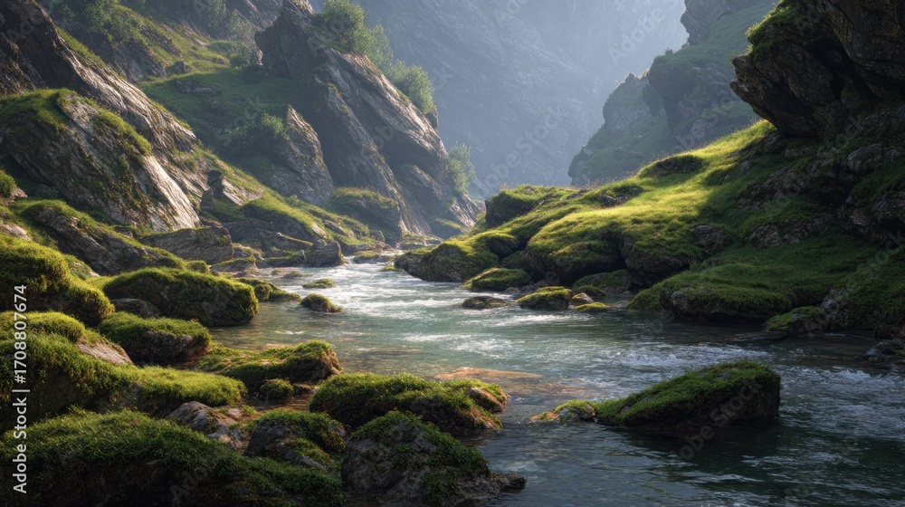 Serene river flowing through a mountain gorge with mossy rocks ...