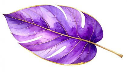 Purple watercolor monstera leaf with gold highlights