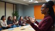 © miss irine - Black woman confidently leads marketing discussion with diverse team in modern office meeting. Focus on collaborative brainstorming, business strategy, pro communication within multicultural group