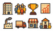 © peppastocker - Business and growth flat icon set. featuring building, team, trophy, chart, factory, truck, shop, and home