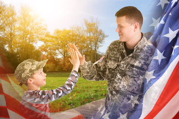 Wall Mural - military man giving his son high five outdoors, double exposure with national flag of usa