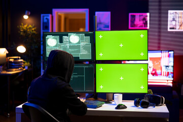 hacker using exploits on green screen computer to break into systems and access restricted data. hoo