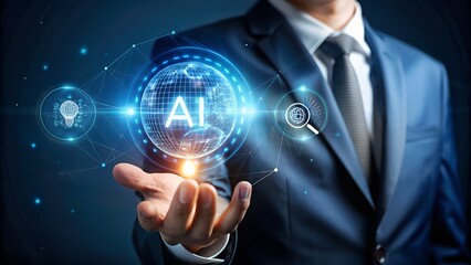 Artificial intelligence concept with a businessman holding a glowing digital interface displaying ai and related icons, symbolizing advanced technology and future innovation in business