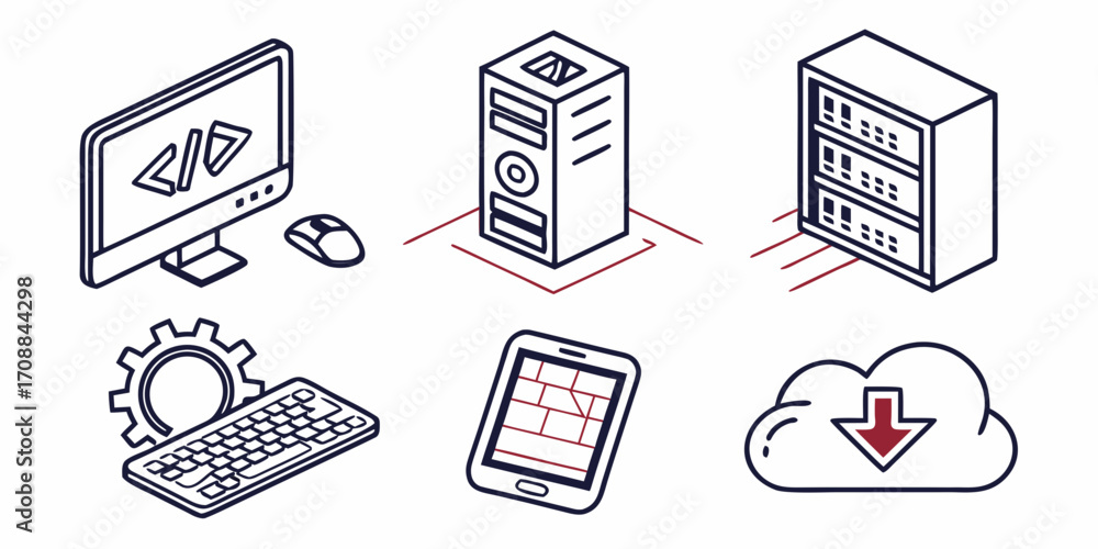 Collection of isometric computer technology icons including a desktop ...