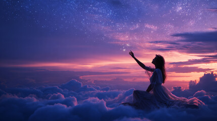Wall Mural - A beautiful woman sits on the clouds, reaching up to touch the stars. The magical starry sky.