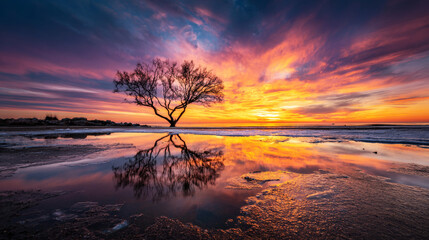 Wall Mural - A lone tree stands on the beach, its reflection in an  puddle under a dramatic sunset sky. 