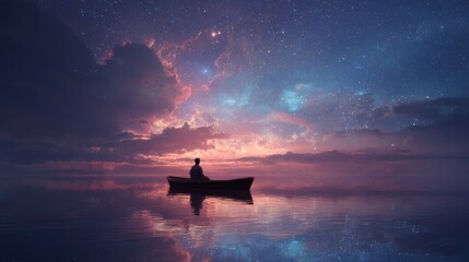 Wall Mural - A man sitting in a boat on calm water, with a nebula-filled sky and stars above him. Fantasy landscape.