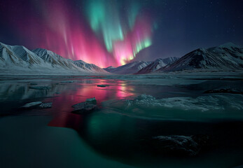 Wall Mural - Aurora borealis over the frozen sea and snow covered mountains.