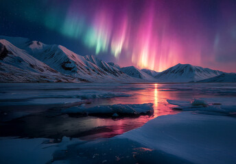 Wall Mural - Aurora borealis over the frozen sea and snow covered mountains.