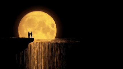 Wall Mural - Two people stand at the edge of a waterfall against the backdrop of a shining full moon.