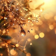 Glistening Dewdrops on Spiderweb: Golden Hour Macro Photography