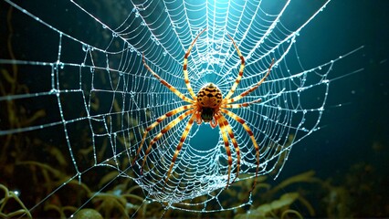Intricate spiderweb glistening with dewdrops as a golden spider sits centerstage, perfect for Halloween