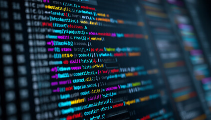 a computer screen displaying multiple lines of code, with the words and other mathematical symbols visible in colorful text. the background is dark blue or black to emphasize the coding Generative AI