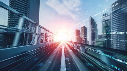 Digital data flow on road in concept of cyber global communication and coding with graphic creating vision of fast speed transfer to show agile digital transformation , disruptive innovation .