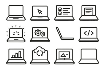 Laptop linear icon set. featuring cursor, checklist, document, alert, settings, coding, data, cloud, and design