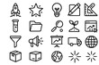 © Fortune228 - Business growth linear icon set. featuring rocket, star, lightbulb, pencil, ruler, flask, folder, magnifier, plant