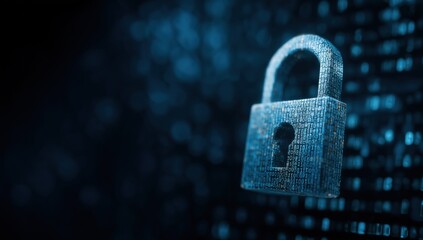 digital security concept with a padlock icon on a blue binary code background, ai technology and data protection symbols, an online business website or application tech showcase banner Generative AI