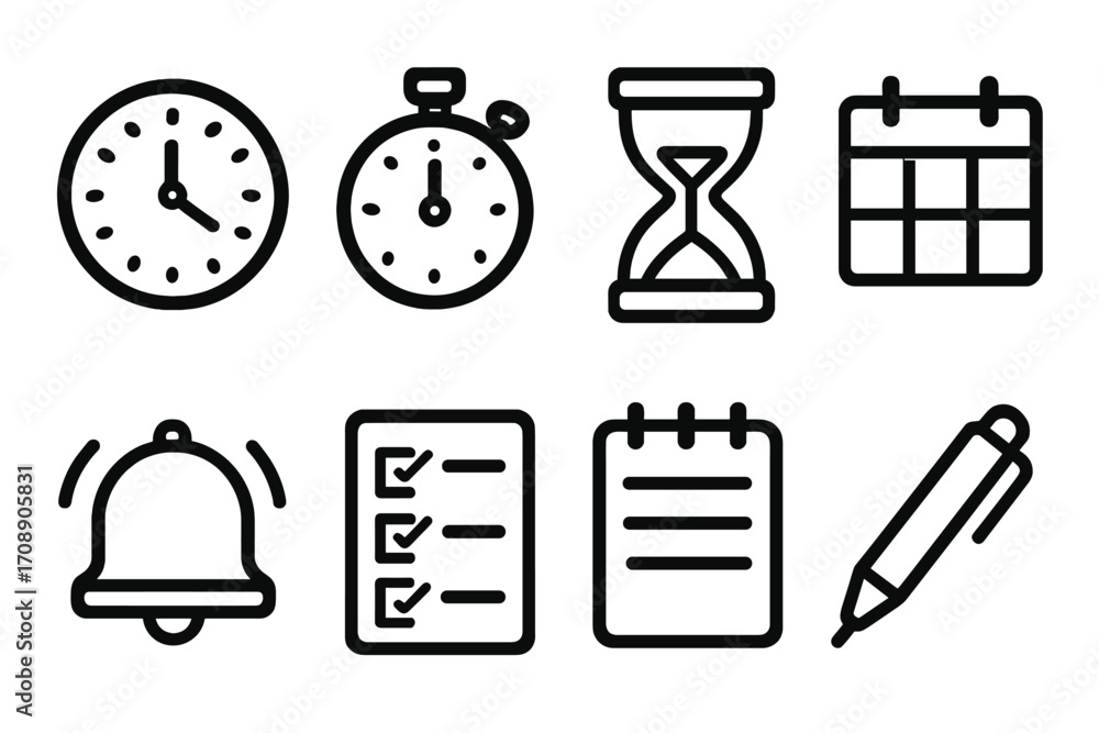 Time Book Issue Icon Time management linear icon set. featuring clock, stopwatch, hourglass ...