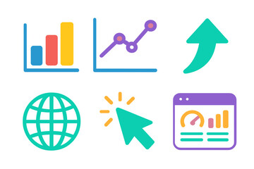 Business and data flat icon set. analytics, growth chart, globe, cursor, dashboard, arrow