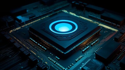 Close-up of a futuristic AI processor chip with glowing core