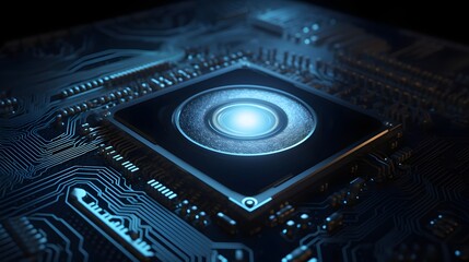 Close-up of a futuristic AI processor chip with glowing core