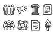 © kamila - Community engagement linear icon set. featuring team, announcement, column, document, unity, and torch symbols