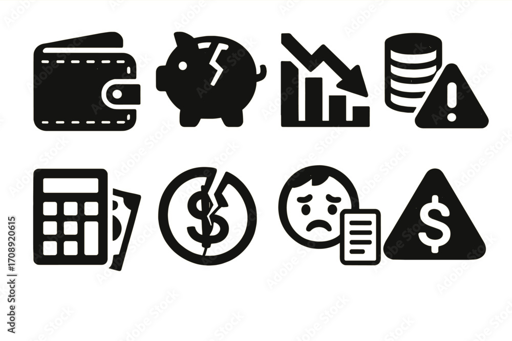 Financial crisis silhouette icon set. featuring wallet, piggy bank ...