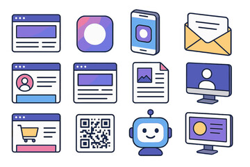Technology flat icon set. featuring web page, app, smartphone, email, profile, document, and chat symbols