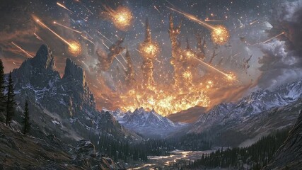 A cataclysmic event unfolds over a snowy mountain range, with a fiery, celestial display of meteor showers