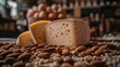 © ely - Sliced Cheese with Holes on a Bed of Almonds and Grains in a Rustic Setting