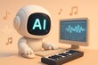 © Face Off Design - Cute Ai robot, 3D rendering, making music on music software on a computer, musical notes, sound waves on screen, the future of ai concept
