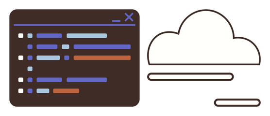 Coding interface window paired with a cloud graphic symbolizes cloud computing, data synchronization, and digital collaboration. Ideal for programming, cloud technology, web development, software