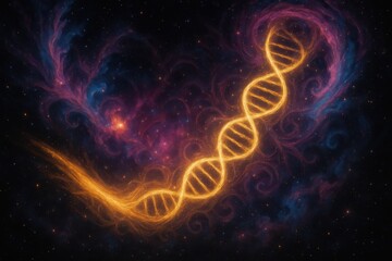 Wall Mural - Primordial cosmic tableau with swirling nebulae comet trails and emerging DNA motifs suggesting the birth of life across a luminous star field