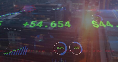 Wall Mural - Financial data overlay floating in city skyline at dusk, with numeric values and charts