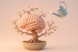 © Bijac - Surreal bonsai shaped like a human brain blooming with flowers as a hand waters growth symbolizing mental wellness creativity and mindful optimism