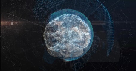 Wall Mural - Floating holographic brain emitting data nodes on network lines in grid, radiating light streaks